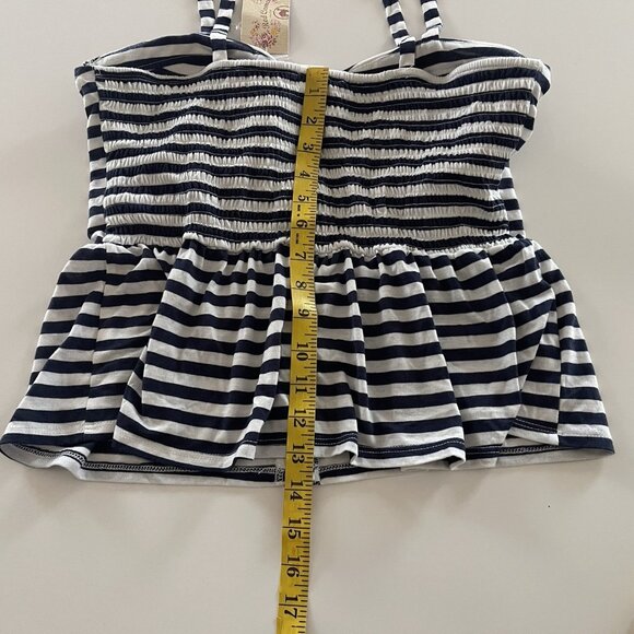 Red Camel Tank Top Large Spaghetti Straps Shirred Striped Navy White Baby Doll - Picture 8 of 12